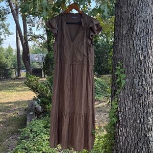 Julia Jordan Elegant Brown V-Neck Ruffle Cinch waist Creped Cotton Tiered Dress